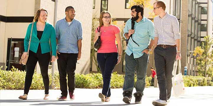 group of students walking and talking