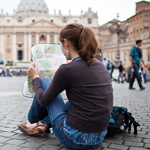 student looking at map