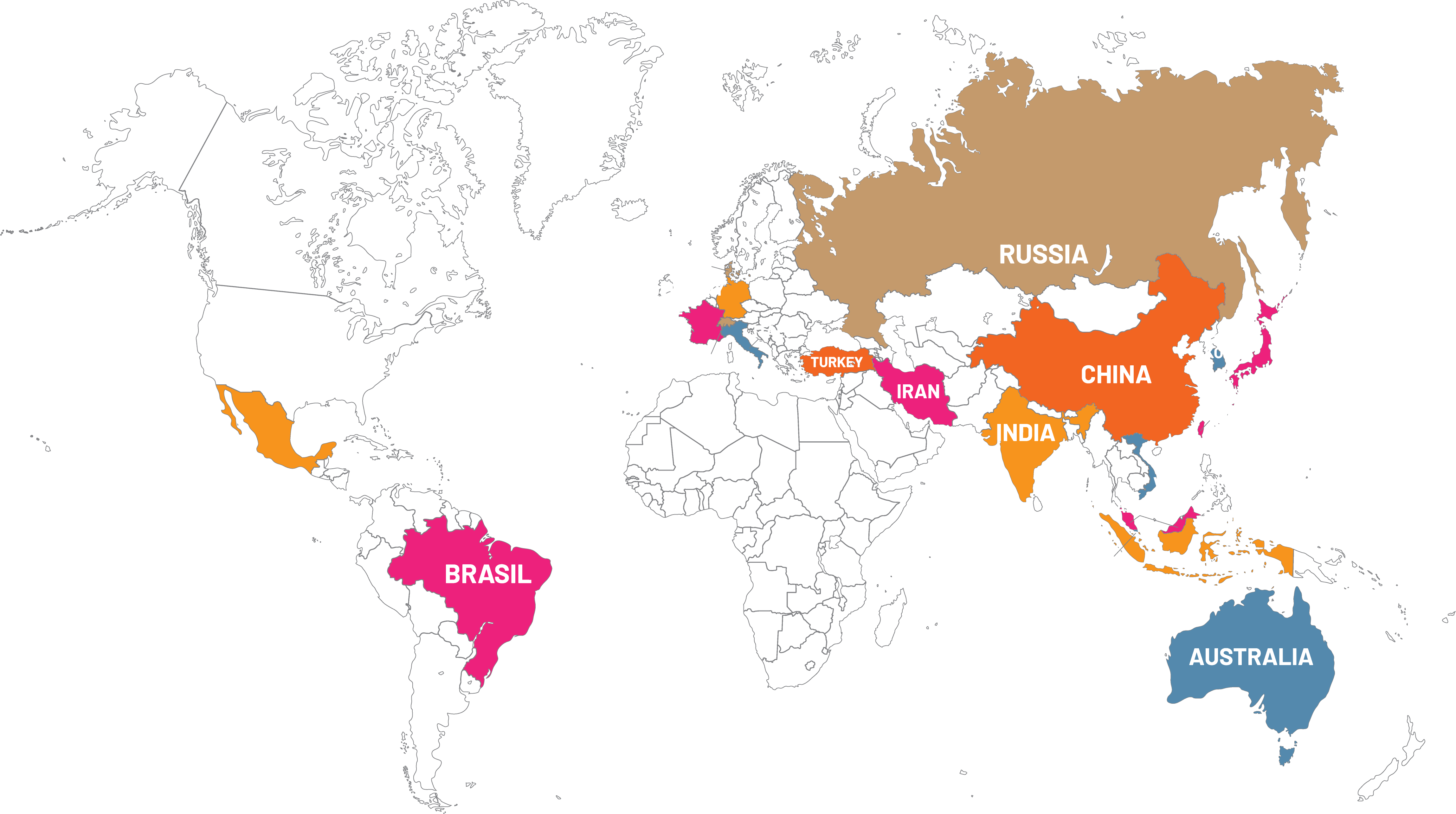 Map of the World. Mexico, Brasil, Denmark, Germany, France, Switzerland, Italy, Turkey, Russia, China, Iran, India, South Korea, Japan, Taiwan, Hong Kong, Vietnam, Malaysia, Indonesia, Singapore, and Australia are highlighted