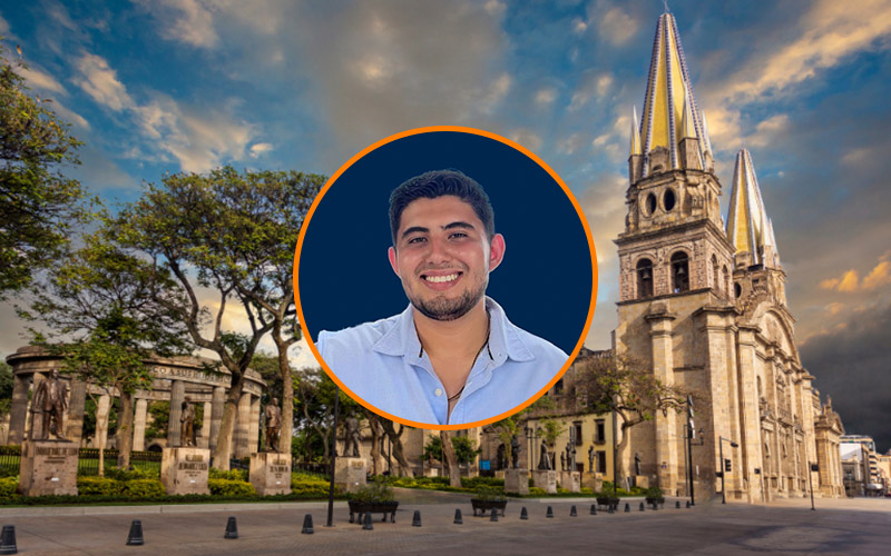 A portrait of CSUF student Arian Godinez inside of a circle atop an exterior image. The exterior image shows a university in Mexico.
