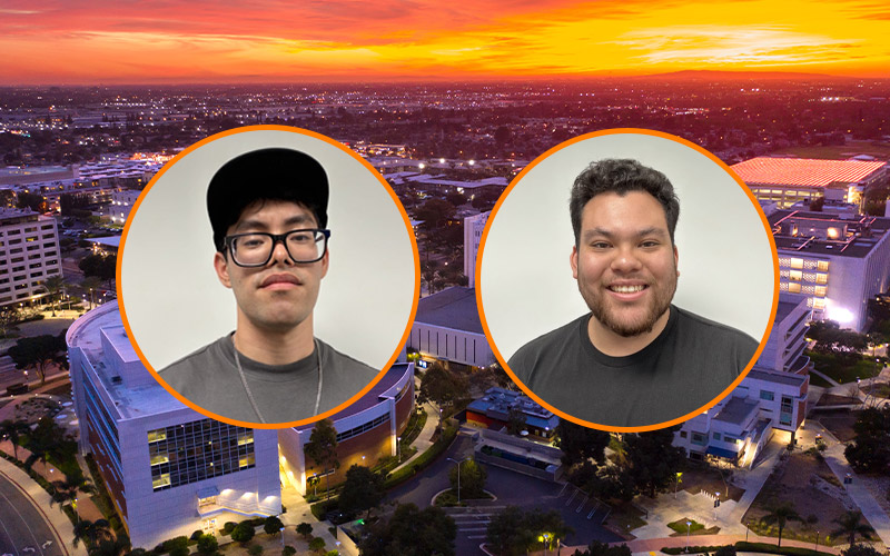 Two circular image frames, outlined in orange, with headshots of Bryan Morales and Tyler Leib. In the background is an aerial shot of the Cal State Fullerton campus at sunset.